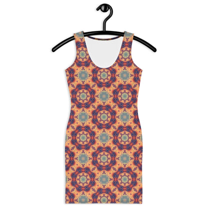 Front view of a white bodycon dress in the Aquatic Rays fractal ray print.