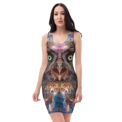 Front view of a white bodycon dress showing the Complete Awareness tripping owl print.