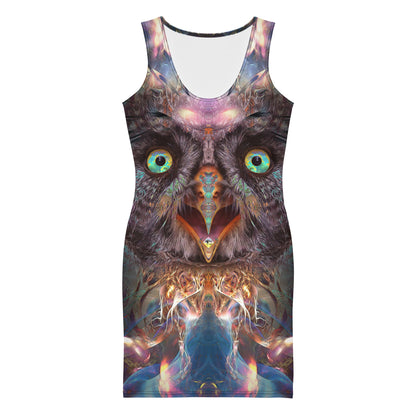 Front view of a white bodycon dress featuring the Complete Awareness tripping owl print.