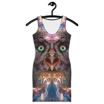 Front view of a white bodycon dress with the Complete Awareness tripping owl print.
