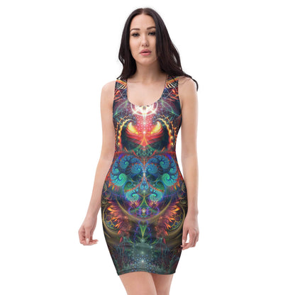 Front view of a white bodycon dress showing the Stimulous psychedelic fractal burst print.