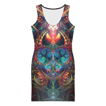 Front view of a white bodycon dress featuring the Stimulous psychedelic fractal burst print.