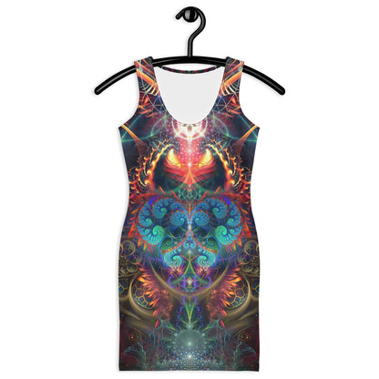 Front view of a white bodycon dress with the Stimulous psychedelic fractal burst print.