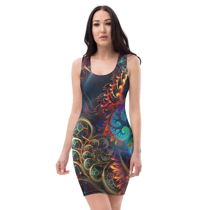 Front view of a white bodycon dress featuring the Stimulous psychedelic fractal print.