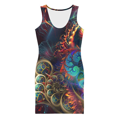 Front view of a white bodycon dress with the Stimulous psychedelic fractal print.