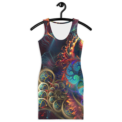 Front view of a white bodycon dress showing the Stimulous psychedelic fractal print.