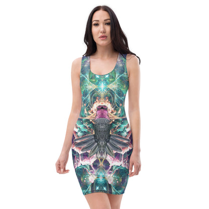 Front view of a white bodycon dress featuring the Nectar hummingbird spirit animal print.