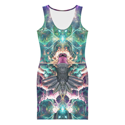 Front view of a white bodycon dress showing the Nectar hummingbird spirit animal print.