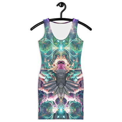 Front view of a white bodycon dress with the Nectar hummingbird spirit animal print.
