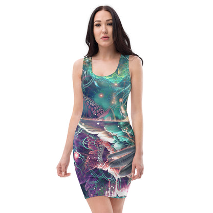 Front view of a white bodycon dress with the Nectar hummingbird fractal print.