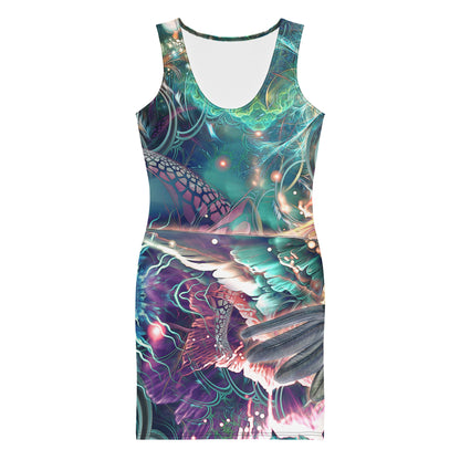 Front view of a white bodycon dress featuring the Nectar hummingbird fractal print.