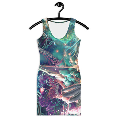 Front view of a white bodycon dress showing the Nectar hummingbird fractal print.