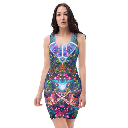 Front view of a white bodycon dress with the Hunter's Moon psychedelic trippy print.