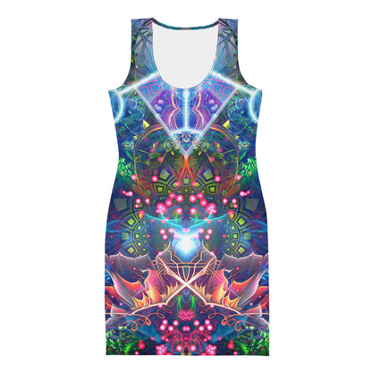 Front view of a white bodycon dress showing the Hunter's Moon psychedelic trippy print.