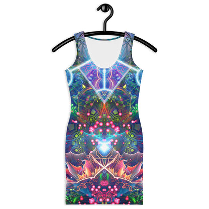Front view of a white bodycon dress featuring the Hunter's Moon psychedelic trippy print.