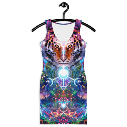 Front view of a white bodycon dress with the Hunter's Moon tiger spirit animal print.