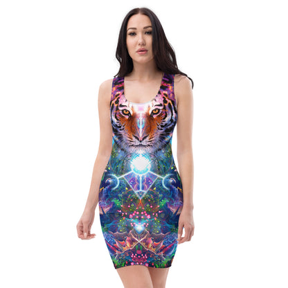 Front view of a white bodycon dress featuring the Hunter's Moon tiger spirit animal print.