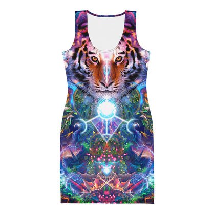 Front view of a white bodycon dress showing the Hunter's Moon tiger spirit animal print.