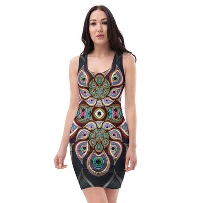 Front view of a white bodycon dress featuring the The Waiting Room fractal DMT eyes print.