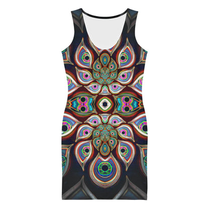 Front view of a white bodycon dress showing the The Waiting Room fractal DMT eyes print.