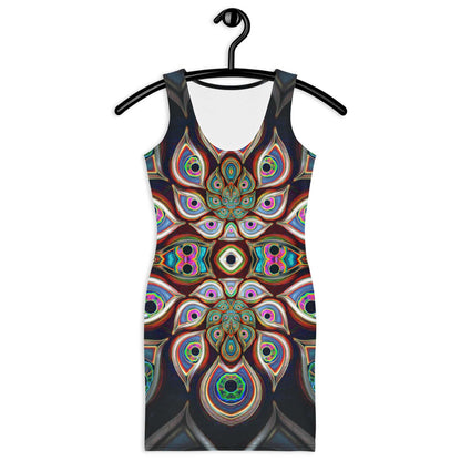 Front view of a white bodycon dress with the The Waiting Room fractal DMT eyes print.