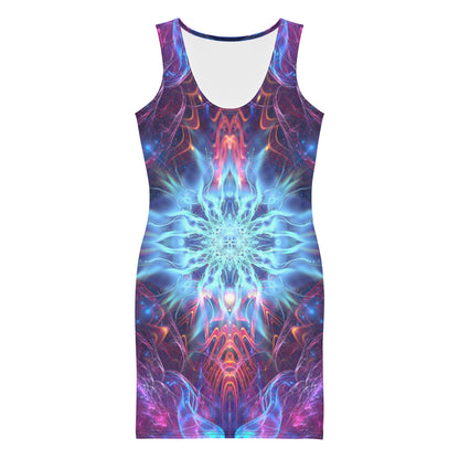 Front view of a white bodycon dress featuring the Angelic Force fractal portal print.
