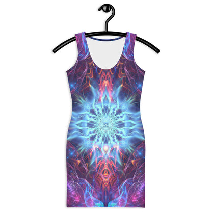 Front view of a white bodycon dress showing the Angelic Force fractal portal print.