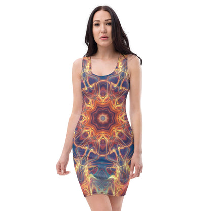 Model wearing the "Aquatic Rays" bodycon dress, front view, sun-ray mandala print.