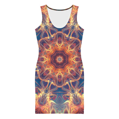 Front view of the "Aquatic Rays" bodycon dress with its sun-ray mandala print.
