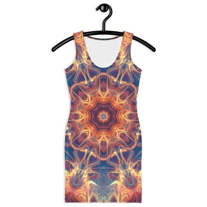 Close front view of the "Aquatic Rays" bodycon dress sun-ray mandala print.