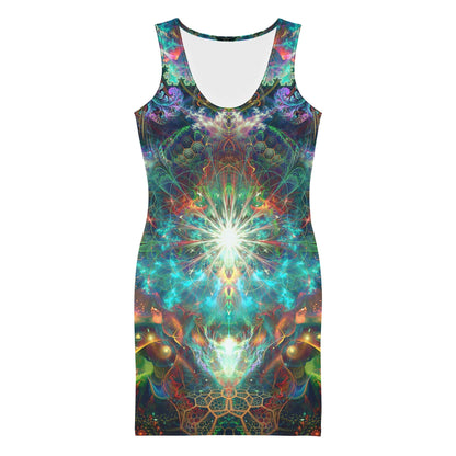 Front view of the "To Tree or Not to Tree" bodycon dress with its tree of life print.