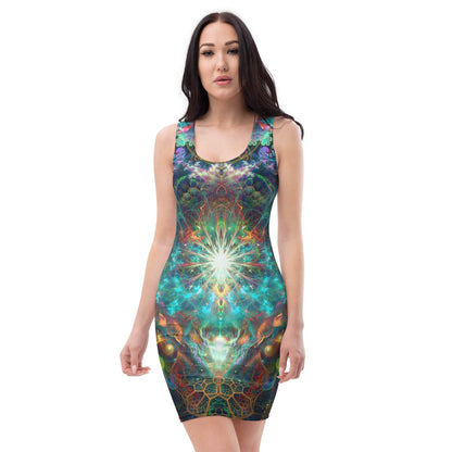 Model wearing the "To Tree or Not to Tree" bodycon dress, front view, tree of life print.