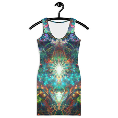 Close front view of the "To Tree or Not to Tree" bodycon dress tree of life print.