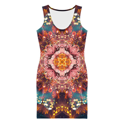Close front view of the "Reaching for Light" bodycon dress flower mandala print.