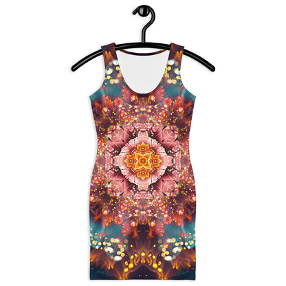 Model wearing the "Reaching for Light" bodycon dress, front view, flower mandala print.