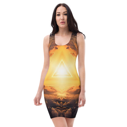 Front view of the "Adieu" bodycon dress with its sun portal print.
