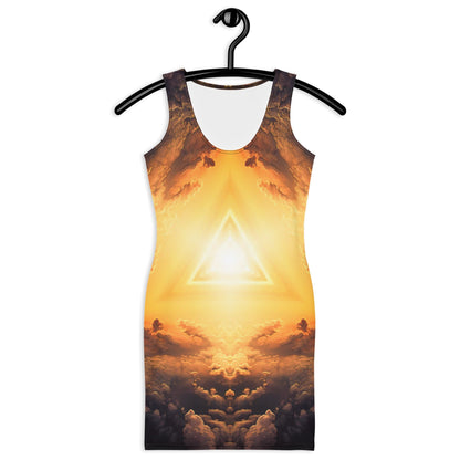 Model wearing the "Adieu" bodycon dress, front view, sun portal print.