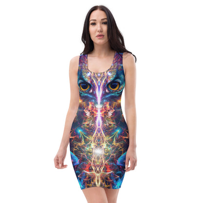 Front view of the "Peekaboo" bodycon dress with its fantasy owl print.