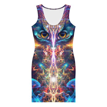 Model wearing the "Peekaboo" bodycon dress, front view, fantasy owl print.