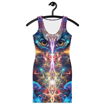 Close front view of the "Peekaboo" bodycon dress fantasy owl print.