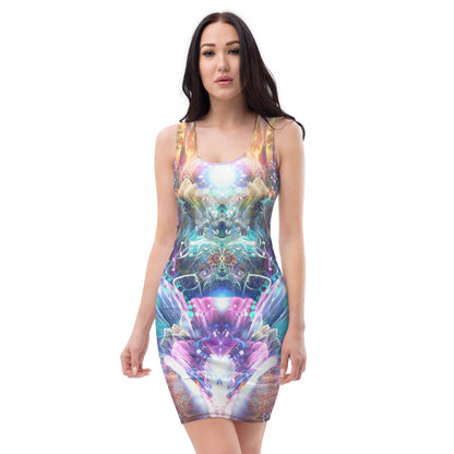 Front view of a model wearing the Medicina bodycon dress with its ayahuasca-inspired vine print.