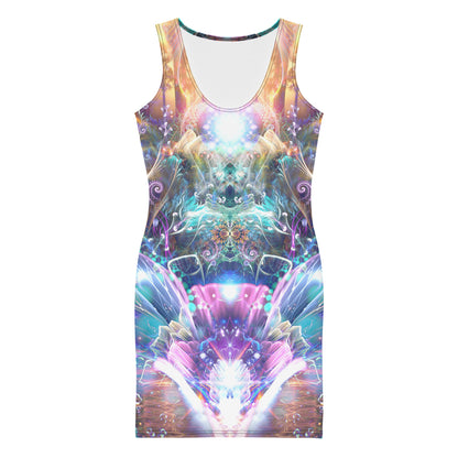 Second front view of the Medicina bodycon dress showing the fitted silhouette and ayahuasca vine print.