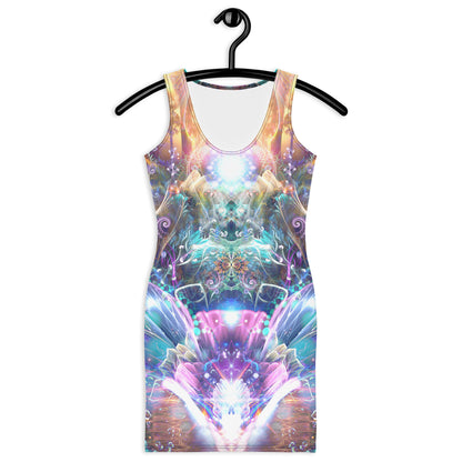Close front view of the Medicina bodycon dress highlighting the ayahuasca vine artwork.