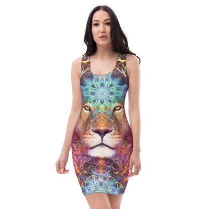 Second front view of the Genesis bodycon dress showing the fitted silhouette and Sekhmet lioness print.
