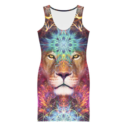 Close front view of the Genesis bodycon dress highlighting the Sekhmet lioness artwork.