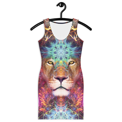 Front view of a model wearing the Genesis bodycon dress with its Sekhmet lioness visionary art print.