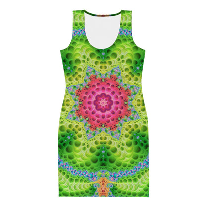 Model wearing the "Starburst" bodycon dress, front view, neon mandala print.