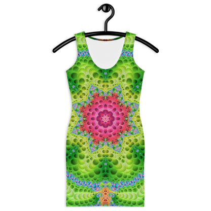 Close front view of the "Starburst" bodycon dress neon mandala print.