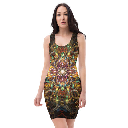 Close front view of the "Sigil of Valor" bodycon dress fractal mandala print.