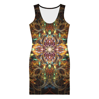Front view of the "Sigil of Valor" bodycon dress with its fractal mandala print.